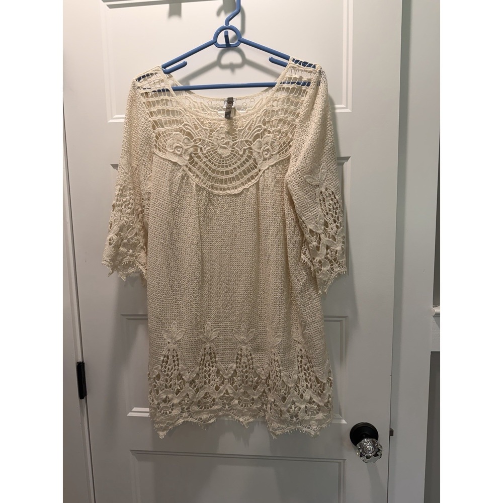 XCVI Tunic Blouse Womens Medium Sheer Crochet Lace Boho 3/4 Sleeve